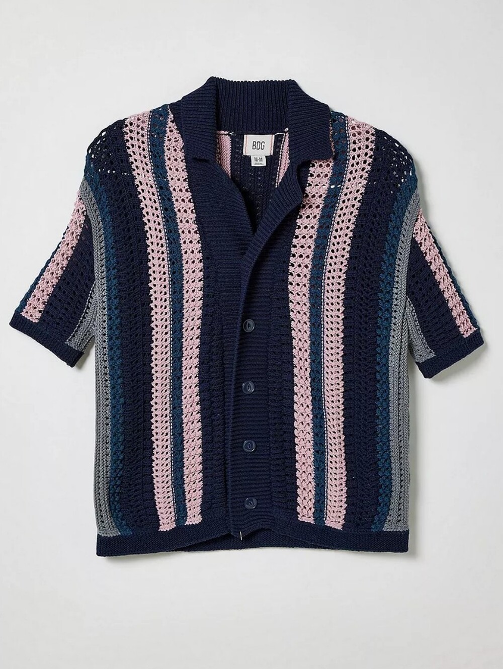BDG Blue Stripe Open Knit Short Sleeve Polo Cardigan Sweater Grannycore Size M